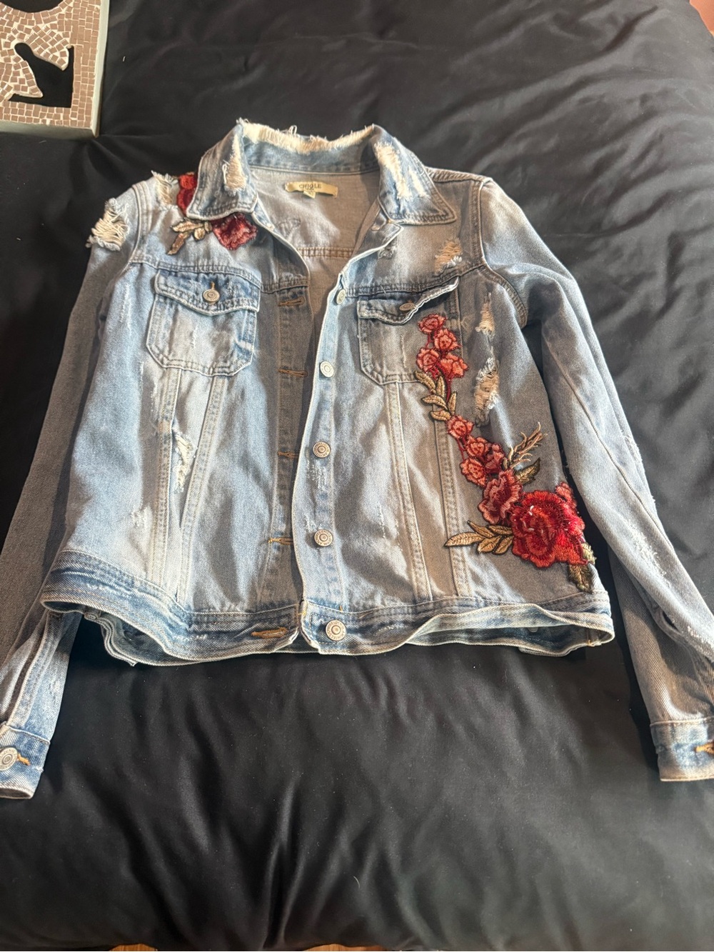 Chloe Light Blue Denim Jacket with Red Rose Embroidery